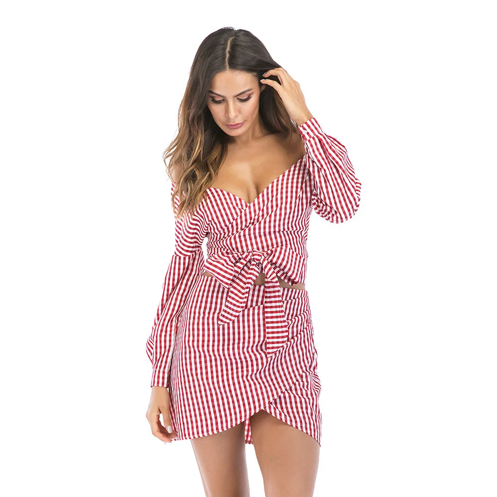 

2 pcs Summer Woman Bohemian Chiffon V-neck Top + Lattice Skirts Dress Sexy Beach Short Mono Sets