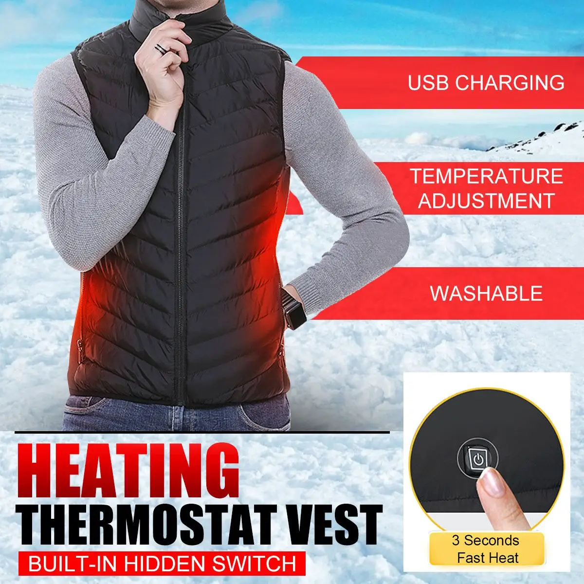 Mens Winter Heated USB Charge Hooded Work Jacket Coats Vest Adjustable ...