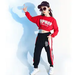 Детская одежда красного цвета с длинным рукавом в стиле хип-хоп, костюм для джазовых танцев для девочек, Укороченный свитшот, рубашка, топ