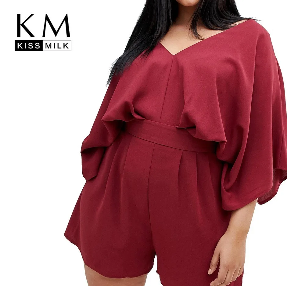 

Kissmilk Europe And The United States Large Size Simple Red Sexy Large V-neck Pleated Lotus Leaf Large Sleeves Playsuits