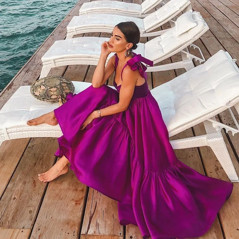 

Beach Boho Dress Women Summer 2019 Strap Backless Sexy Dress Ruffles Ladies Sleeveless Tunic A Line Satin Long Dresses For Women