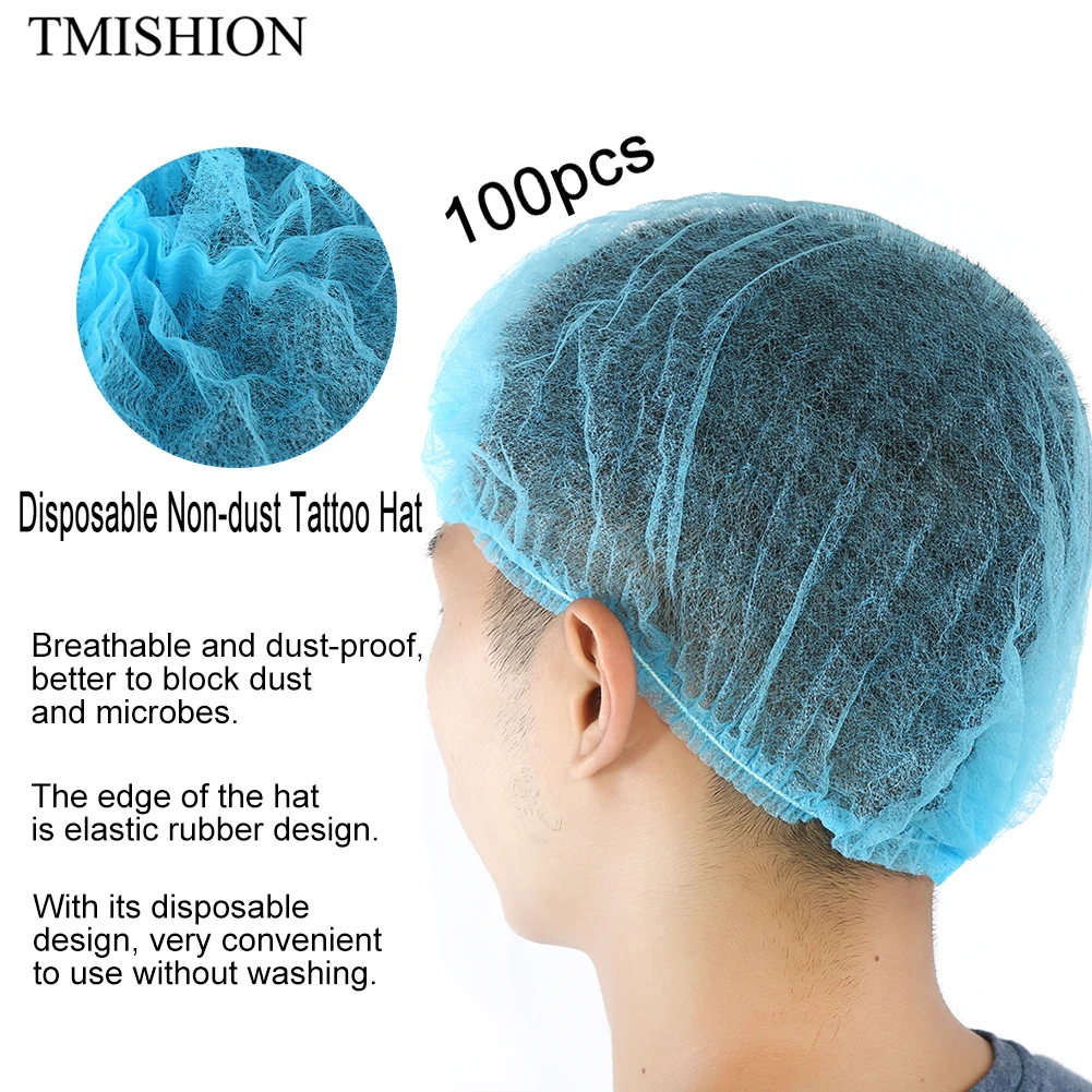 

100pcs Disposable Women Men Eyebrow Tattoo Anti Dust Sterile Hat Pleated Elastic Mesh Shape Non-woven Bath Hat Makeup Supplies