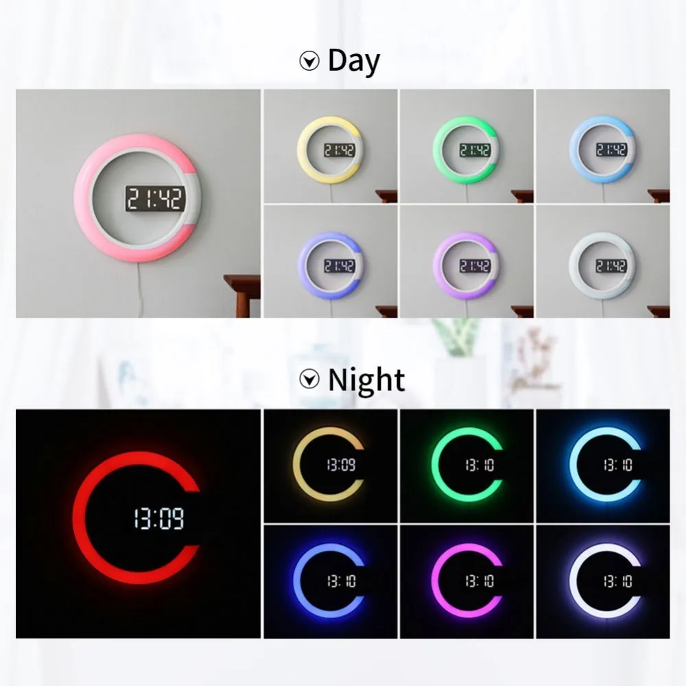 Espejo de LED hueco Relojes de pared hogar Decoración Multi-función de alarma de temperatura anillo de luz 4 colores Reloj de pared Digital Espejo de LED hueco Relojes de pared hogar Decoración Multi-función de alarma de temperatura anillo de luz 4 colores Reloj de pared Digital