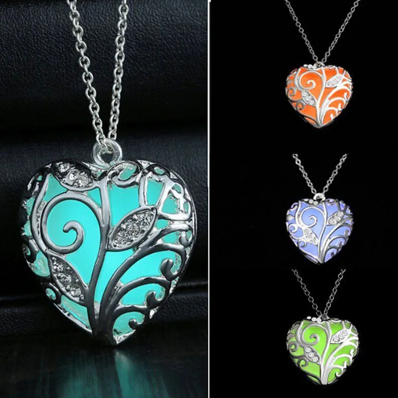 

Fashion Hollow Glow in the Dark Sliver Plated Leaves Chain Love Heart Trendy Pendant Necklace Luminous Jewelry Gifts For Women