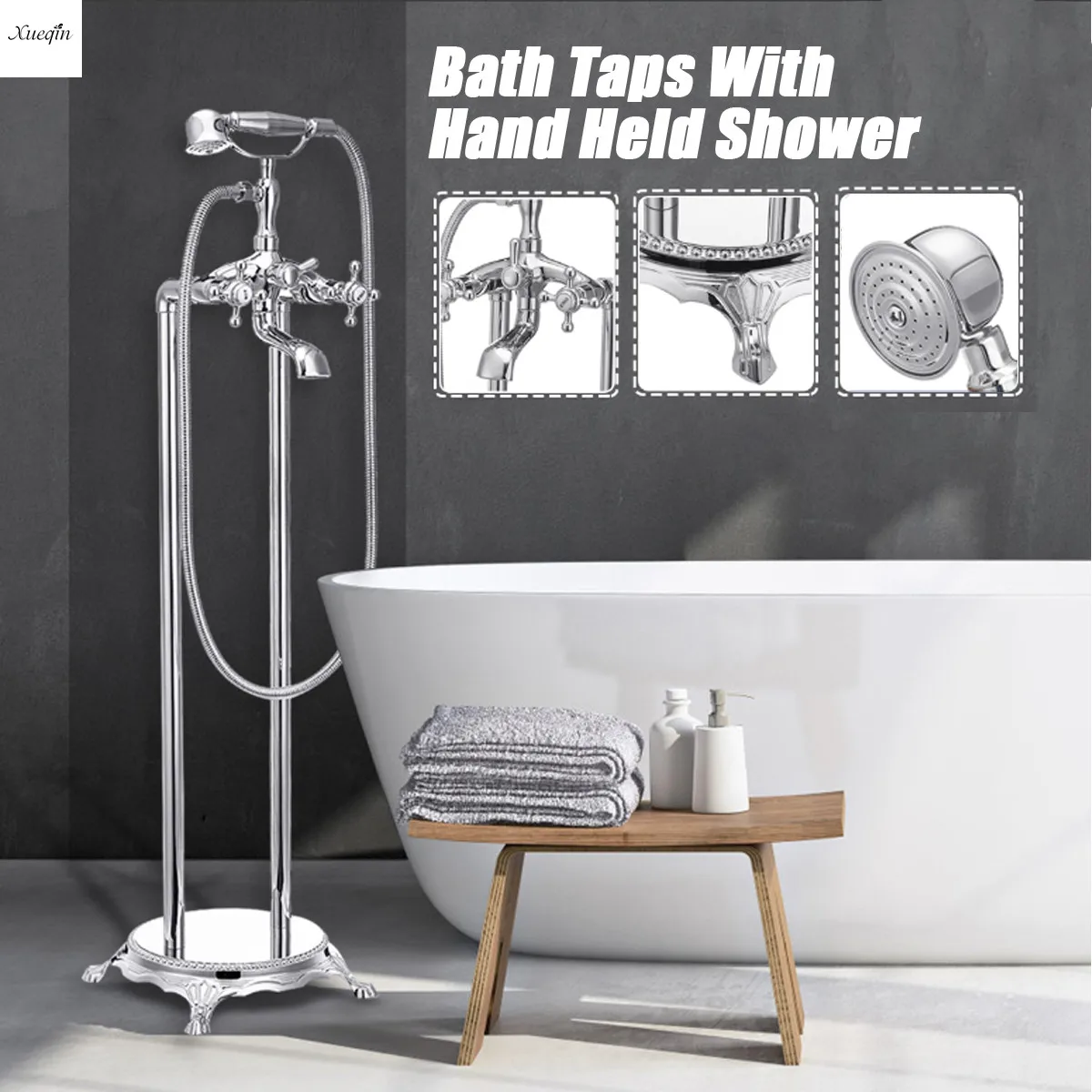 

Solid Silver Shower Faucets Bathroom Taps Luxury Chrome Floor Stand Bathtub Faucet Free Standing Bath Shower Mixer Hot and Cold