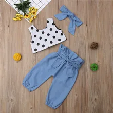 Детская одежда для девочек; пуловер в горошек с круглым вырезом и открытой спиной; топы без рукавов; однотонные бандажные штаны; повязка на голову с бантом; хлопковая одежда из 3 предметов