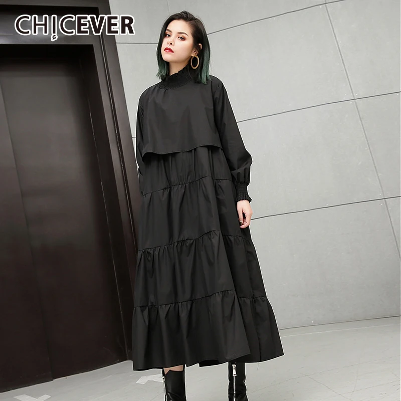 Tanie CHICEVER 2019 jesień czarna sukienka dla kobiet luźne duże rozmiary elastyczny kołnierz z długim rękawem damskie sukienki ubrania damskie moda nowy