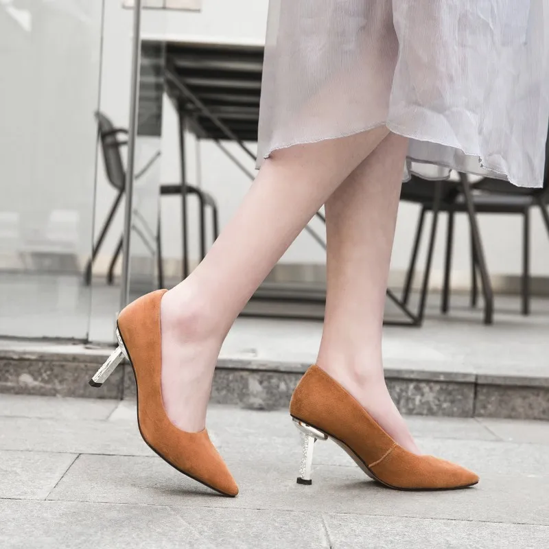 

2019 New Pointed toe Solid Color Pumps For Woman Dress Shoe in Slip on Thin Heels with High Heel Stilettos Spring Shallow Mouth