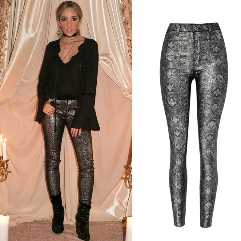 

Autumn Winter High Waist PU Silver Snake Pants Women Europe and America Sexy Night Club Coated Leather Pants Skinny Leggings