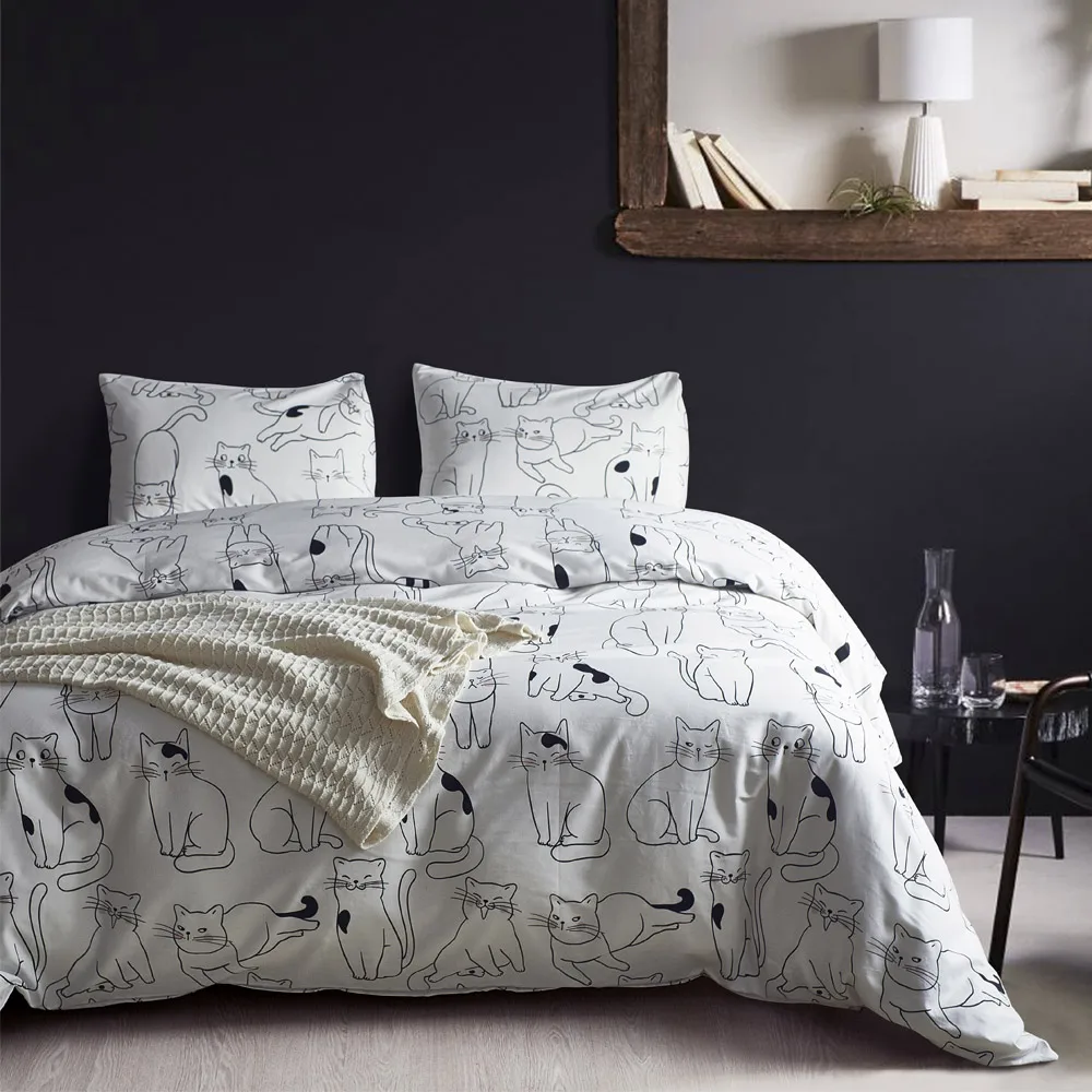 Turetrip Cotton Bedding Set Cute Cat Comforter Cover Twin Queen