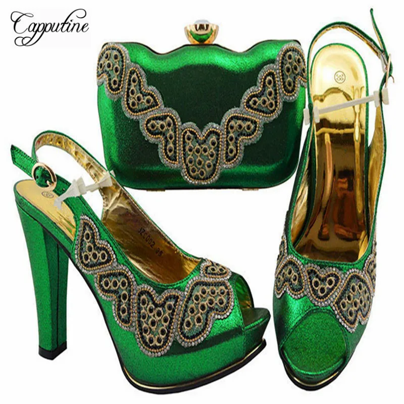 

Capputine New Summer Beautiful Crystal High Heels With Bag Set Italian Style Woman Green Color Shoes And Bag Set For Party