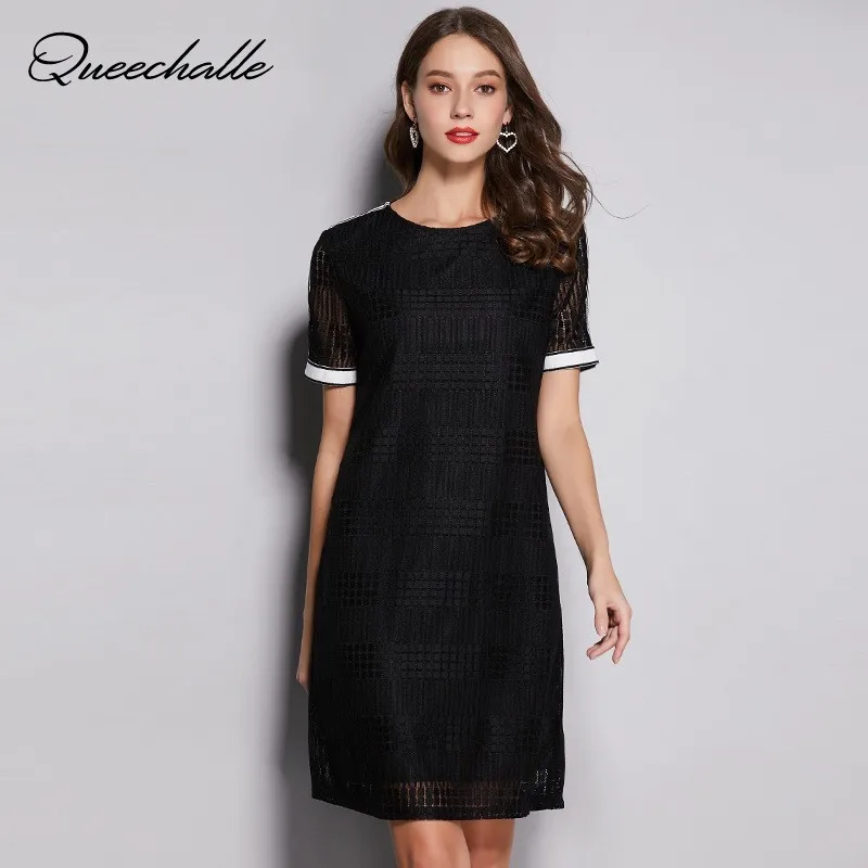 

European Plaid Hollow Out Straight Dress 2019 Summer Dress Black 4XL 5XL Plus Size Lace Dress Women Round Collar Casual Dresses