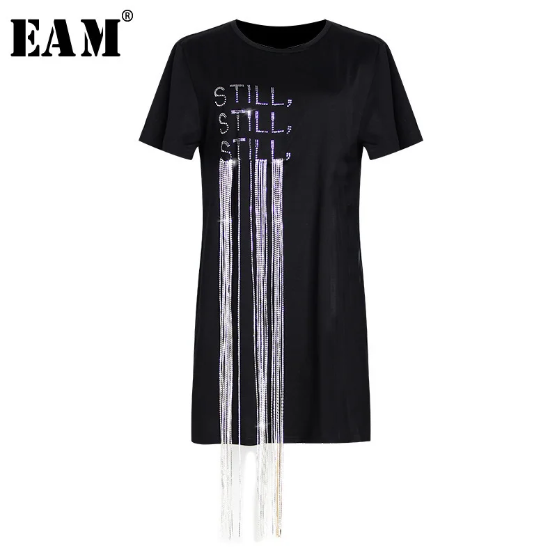 

[EAM] 2019 New Spring Summer Round Neck Short Sleeve Hit Color Letter Diamonds Personality T-shirt Women Fashion Tide 1C068