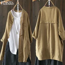 Vintage túnica de lino blusa de mujer 2020 ZANZEA Casual manga larga camisas botón Cardigans mujer Soid Patchwork Tops de talla grande