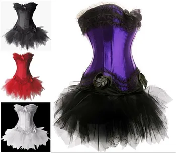 

Womens Sexy Satin Overbust Corset Bustier Tutu Skirt Outfit Swan Dance Clothing Halloween Party Fantasy Dress