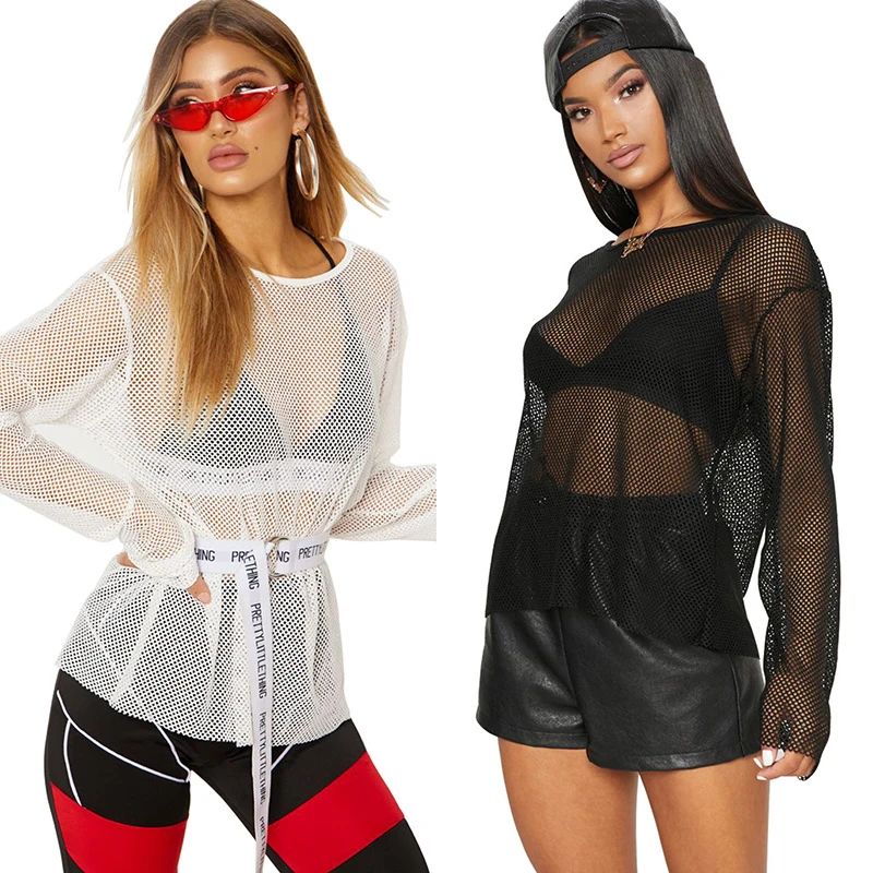 

Fishnet Mesh Beach Top Bikini Cover Top 2019 New Summer Women Swimwear Cover-Ups Long Sleeve Sexy Bathing Suit Quick Drying
