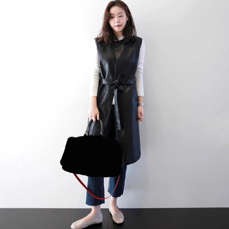 Springwinter Femmes Manches 2019 Long Lacets Coupe Mi De Manteau Sans Supérieure En Noir Black Nouvelles Étroite La936 eam Pu Mode Cuir À Veste Taille Qualité pqHt7t