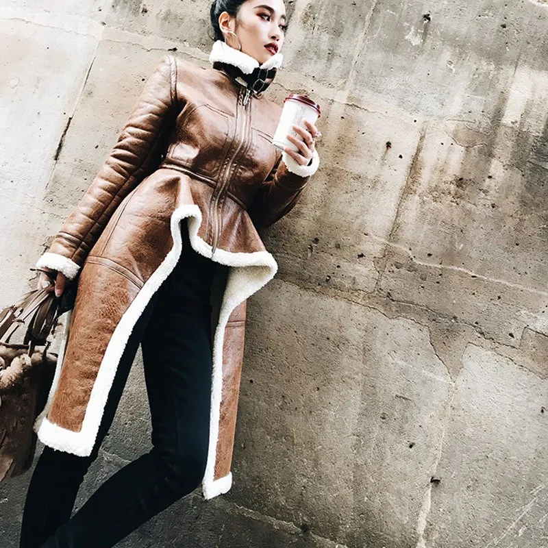 2018 Femelle Hiver Vêtements Couche Veste Marron Vintage Col Marée Manteaux En Zipper Épaisse À Roulé Fermetures Cuir Irrégulière Pu Polaire Glissière MUqpSzV