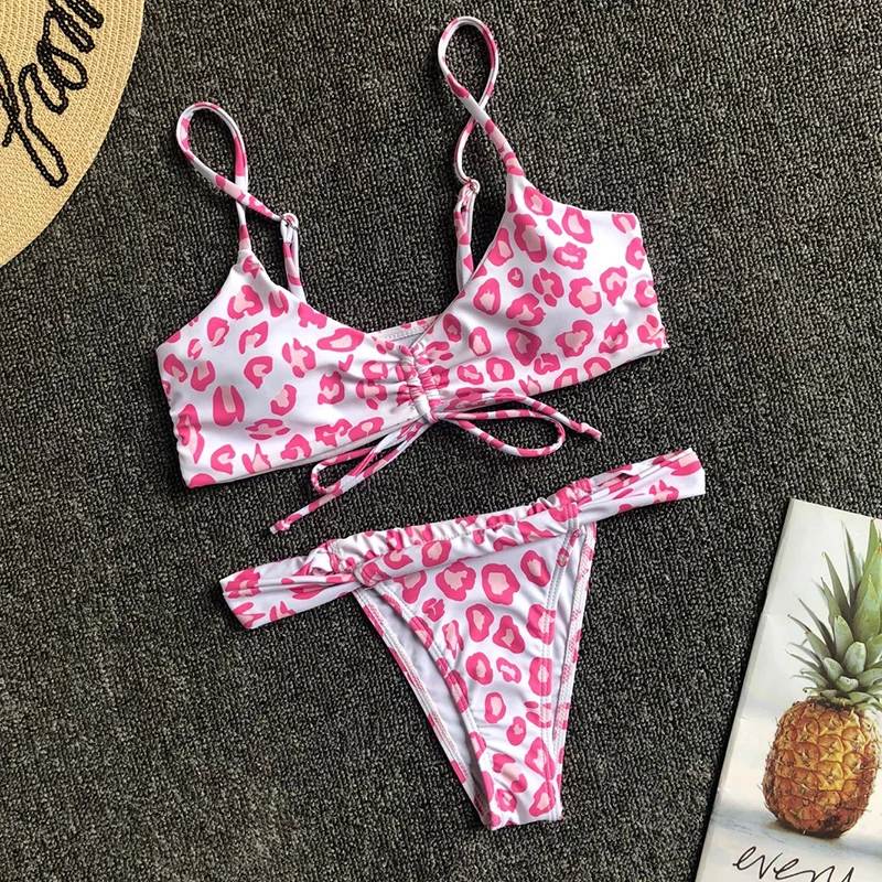 Colysmo, розовое леопардовое бикини, сексуальный купальник с завязками и рюшами, женский купальник, пуш-ап, мягкие стринги, пляжная одежда, купальный костюм