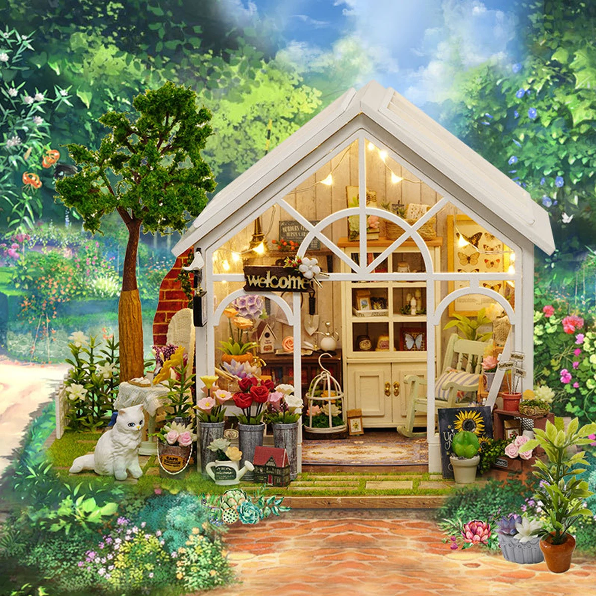 

Cuteroom DIY Dollhouse Miniature Furniture Kit LED Kids Cat Birthday Xmas Gift House