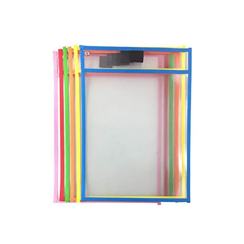 

Kids Transparent Write And Wipe Pockets Reusable Dry Erase Pockets Sleeves 6 Assorted Colors With Pen Holder