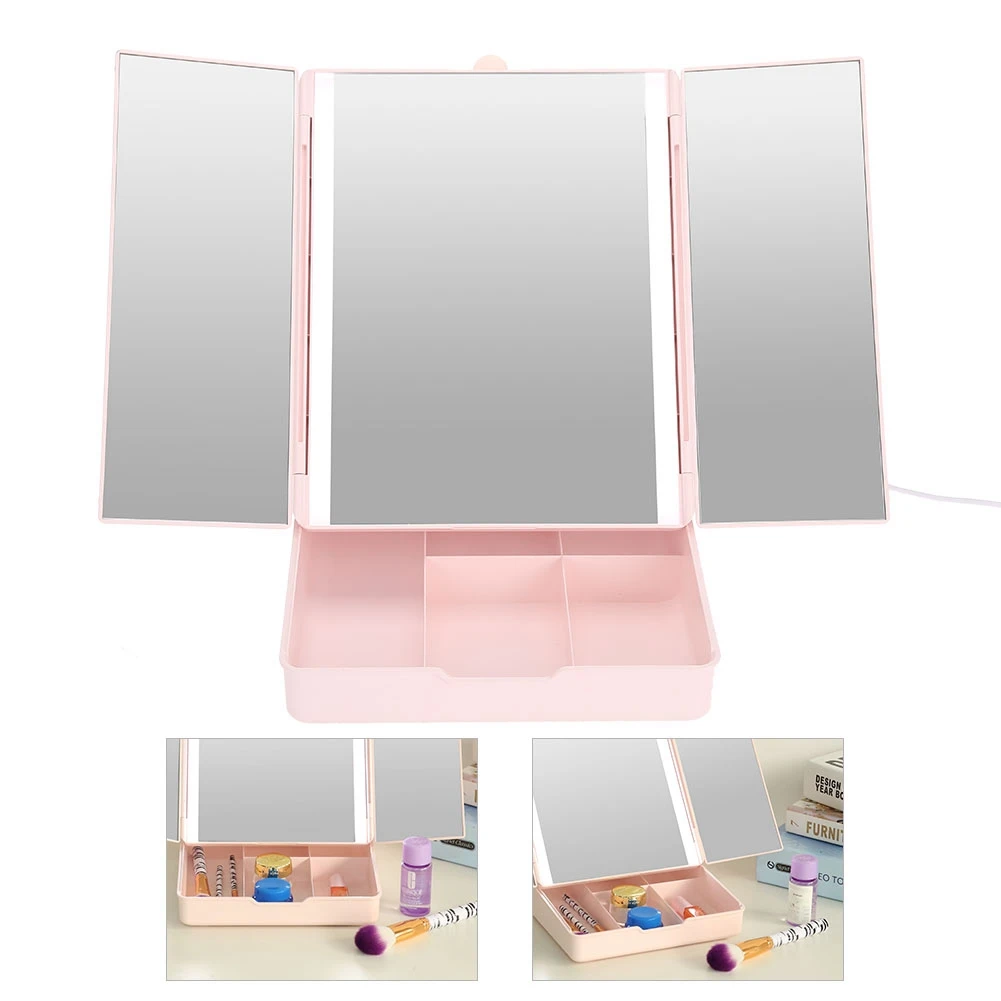 

LED Folding Dimmable Desktop Cosmetic Makeup Mirror USB Charging with Container Make up Tool 5