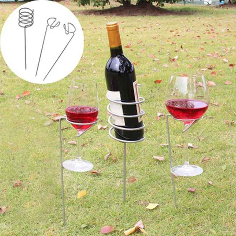 

JEYL 3Pcs/set Outdoor Wine Glass Bottle Holder Stake Set for BBQ Garden Picnic Camping Wine Stakes Rack