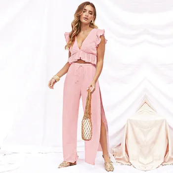 

2019 Fashion Women Casual High Split Two Piece Set High Street V Neck Ruffles Crop Tops And Pants Suit