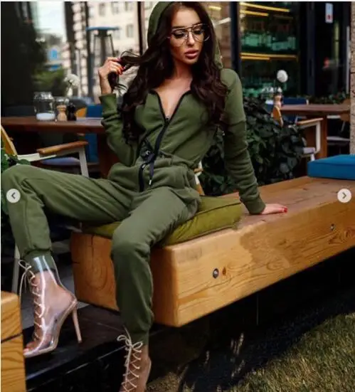 

2018 New Style Fashion Women Casual Hoodie Long Sleeve Solid Zipper Jumpsiut Romper Long Sleeve With Hat