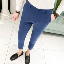 Мужские клетчатые брюки Xia Fashion Xinkuan мужские брюки в западном стиле с семью частями Молодежная эластичная манжета тонкая синяя