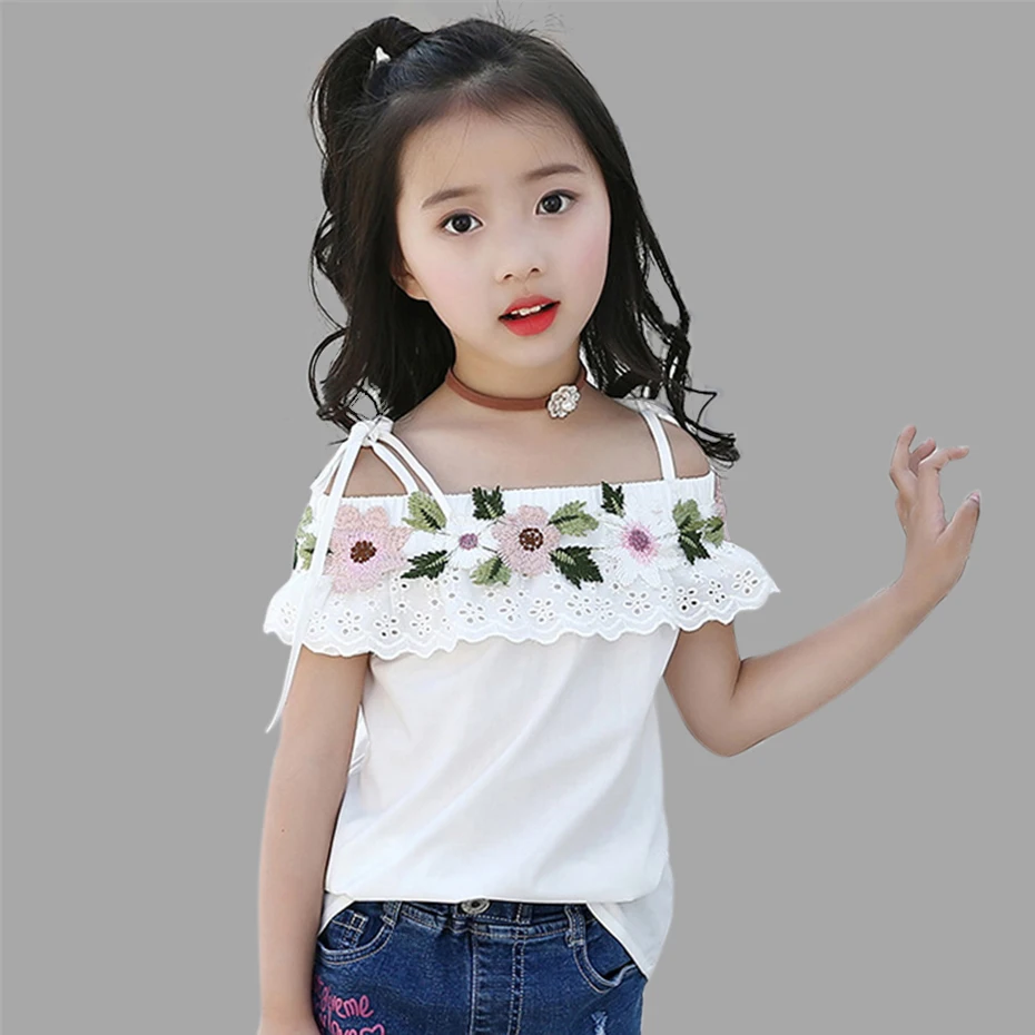 

Princess Girl T-Shirts Lace T-Shirts For Kid Girls White Embroidery Kids Clothes 4 6 8 10 12 Years Off Shoulder Kids Summer Top