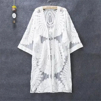 

2019 Fashion New Beach Lace Gauze Cardigan Bikini Cover Women Skirt White Sleeping Wear Long Sleeve Skirt Cotton Stylish Outwear