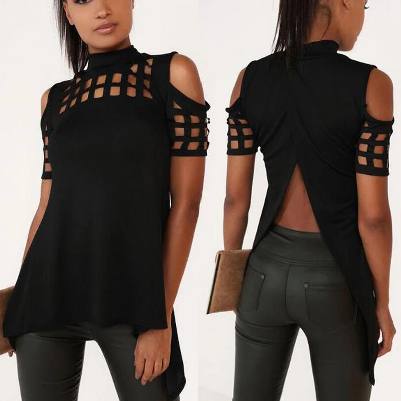 

Plus Size Celmia Vintage Women Blouse 2019 Summer Cold Shoulder Short Sleeve Hollow Out Split Asymmetrical Tops Casual Shirts