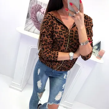 

Autumn Winter Coat Women Jackets and Coats Leopard Print Long Sleeve Women Coat Loose Zip Up Casual Hooded Jacket Femme Outwear