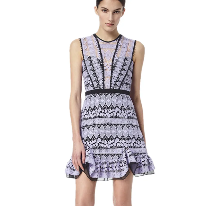 

Self Portrait Dress 2019 Summer Ladies Viovet Party Dress Women Sleeveless Ruffle Fish Tail Short Mini Lace Dress Vestito Donna