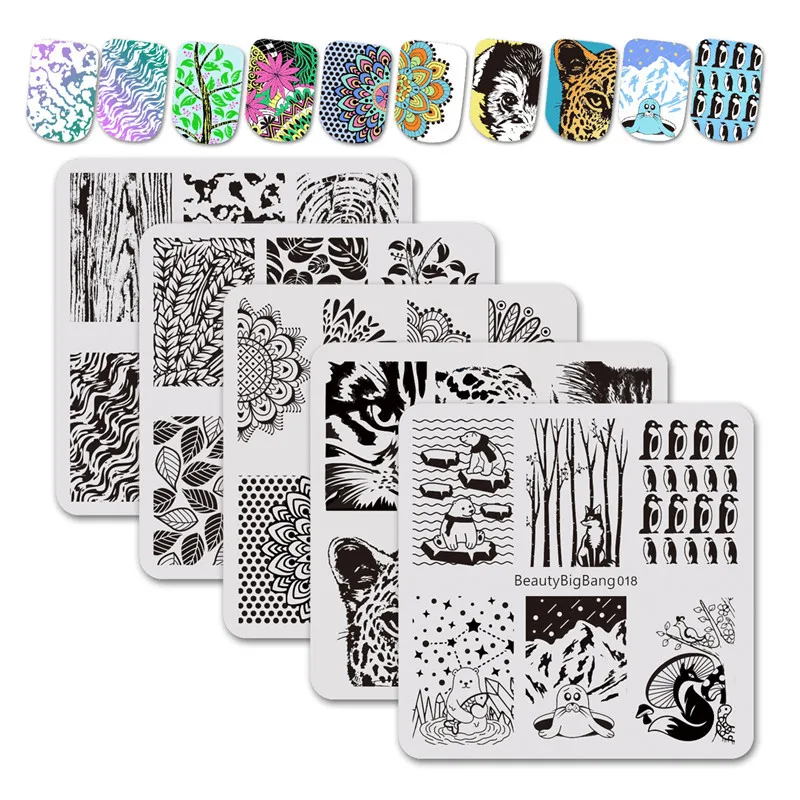 

BeautyBigBang 6*6cm 5PCS/Set Stamping for nails Leaf Animal Floral Design Nail stamping Plates Template Nail Art Stencils