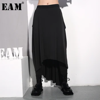 

[EAM] 2020 New Spring Autumn High Elastic Waist Black Loose Personality Irregular Stitch Loose Pants Women Trousers Fashion JL93
