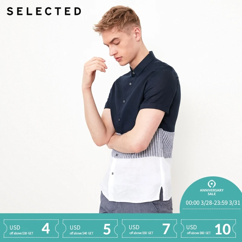 

SELECTED Flax splicing leisure short-sleeved shirt S|418204543