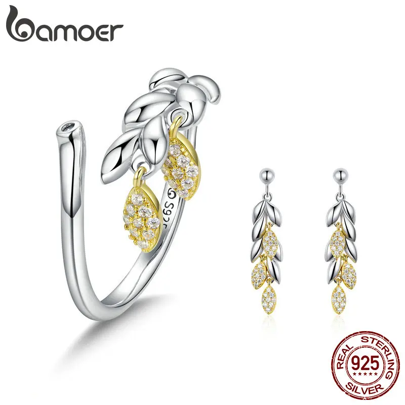 

BAMOER Authentic 925 Sterling Silver Hope Wheat Women Drop Earrings Clear CZ Rings Jewelry Set for Women Wedding Jewelry ZHS074