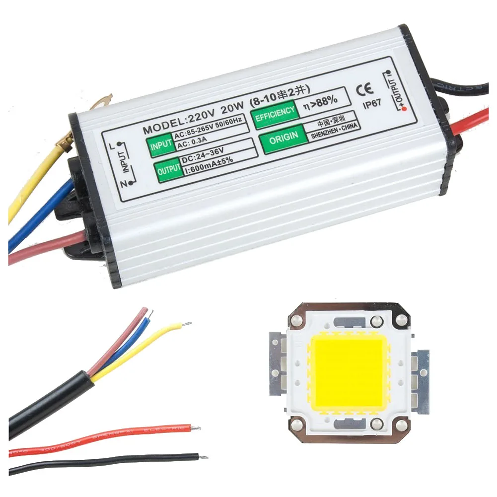 

20W LED Driver Waterproof IP67 Power Supply High Power Adapter + 20W LED Chip Bulb Energy Saving For DIY