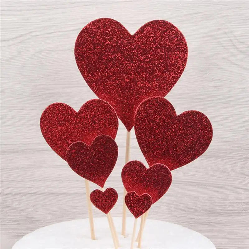 7 шт. сердце кекс Glitter блеск деревянный для торта Топпер Фото реквизит для свадьбы помолвки День Святого Валентина детский душ(красный