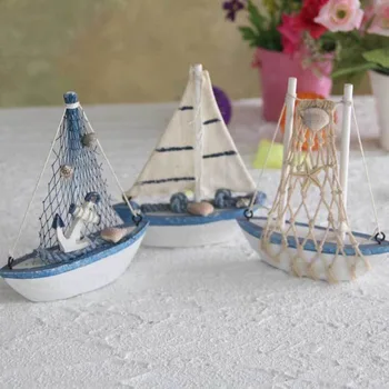 

3pcs/lot Mediterranean Style Wooden Mini Net Ship Sailing Ship Furnishing Articles Handmade Nautical Home Decor Wood Craft