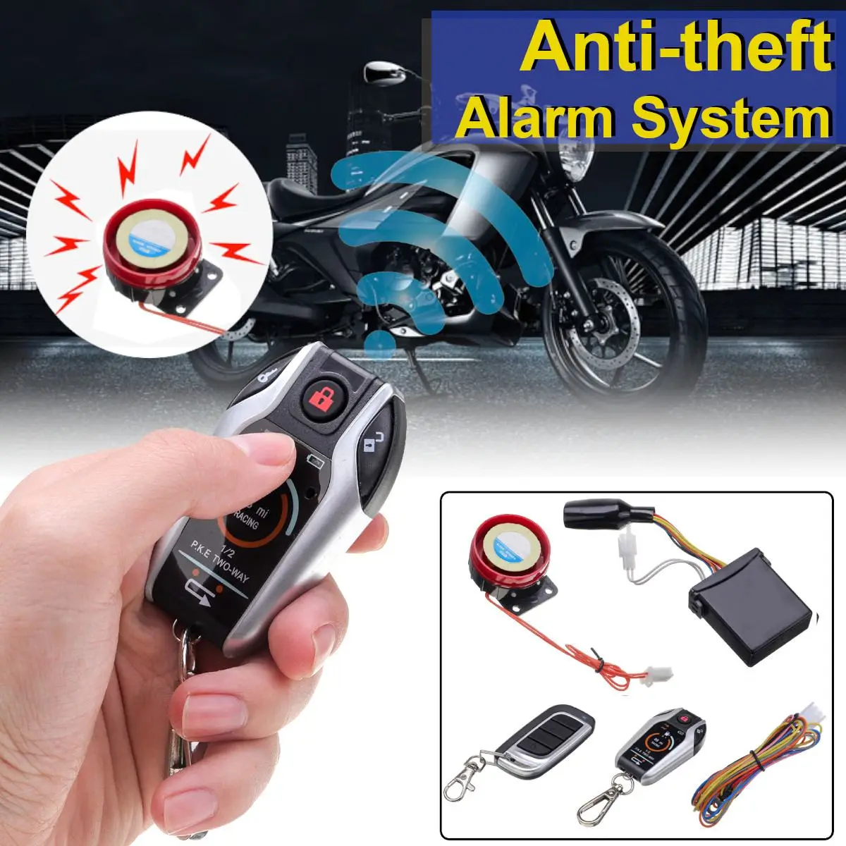 

2Way Motorcycle Alarm System Scooter Anti-theft Burglary Alarm Remote Engine Start Stop Remote Locating Emgerency Disarm