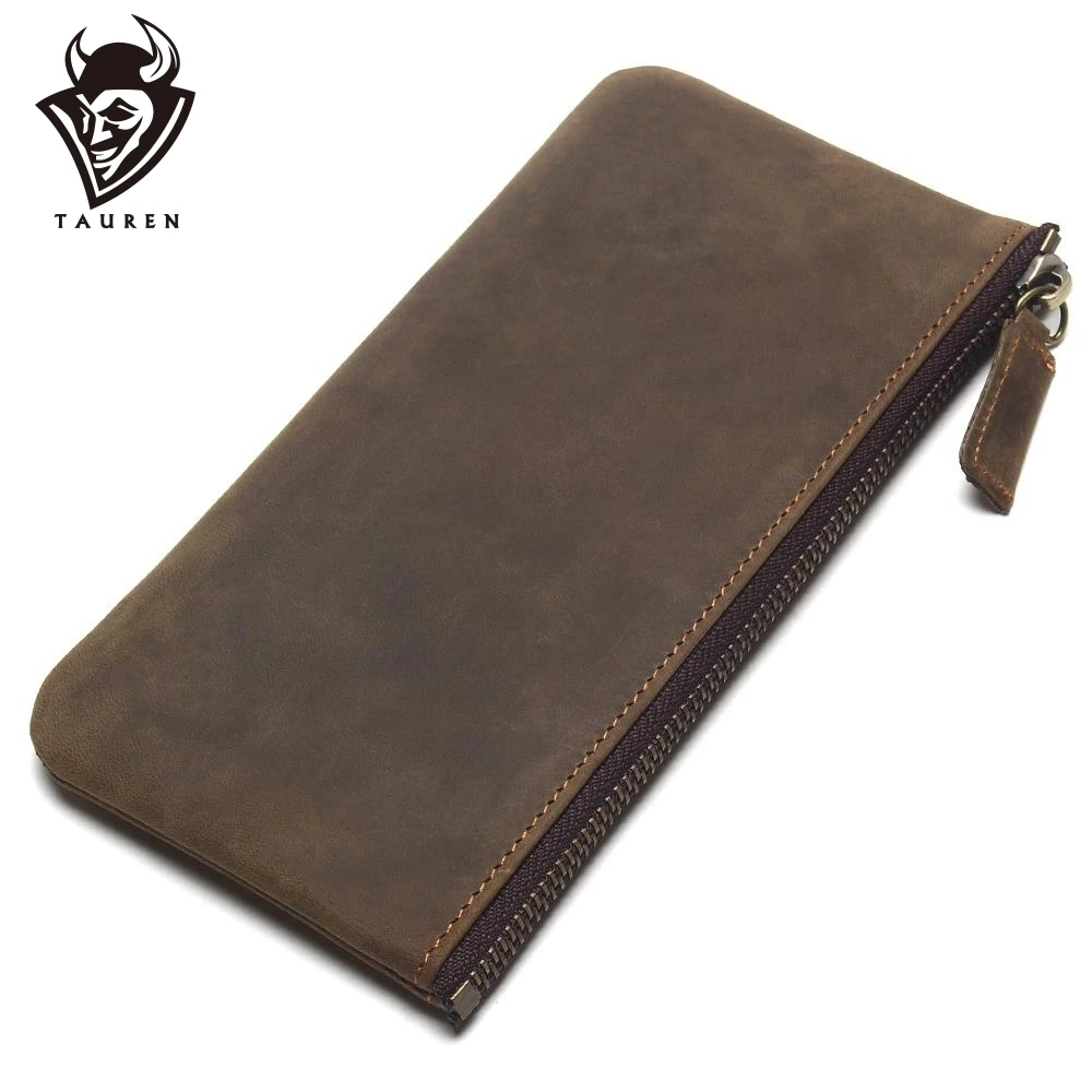 

TAUREN 2019 New Men's Slim Wallets Crazy Horse Leather Simple Clutch Leather Hand Grasping Coin Purse Mobile Phone Packet
