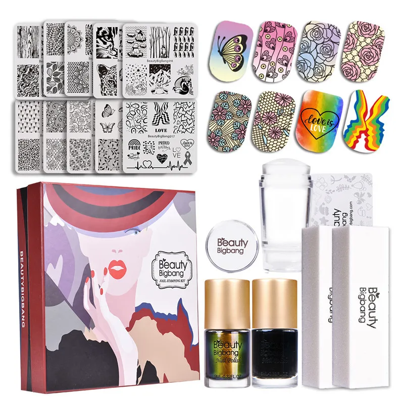

BeautyBigBang 16Pcs/Set Nail Stamping Starter 10 Styles Stamping Plate with Clear Jelly Stamper 2pcs Nail Stamping Polishes
