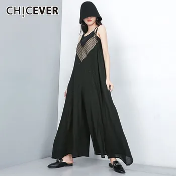 

CHICEVER Summer Casual Patchwork Striped Women Jumpsuit O Neck Spaghetti Strap Sleevelss Loose Plus Size Female Wide Leg Pants