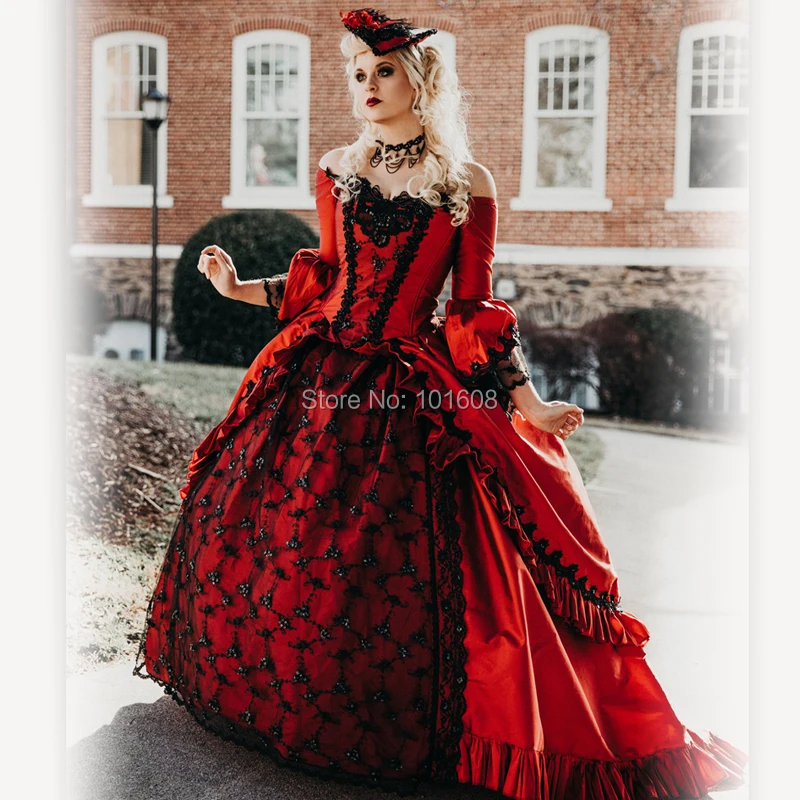 

New!Eras Red satin with Black Lace Witch Halloween Cosplay dress Colonial Georgian Renaissance Gothic Historical dress HL-478