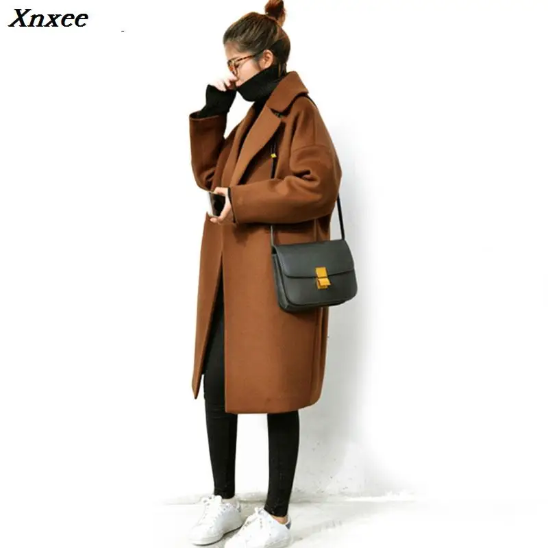 

Fashion Women Woolen Jacket Female Winter New Korean Loose Coat Womens Long Trendy Simple Blends Females Solid Color Student