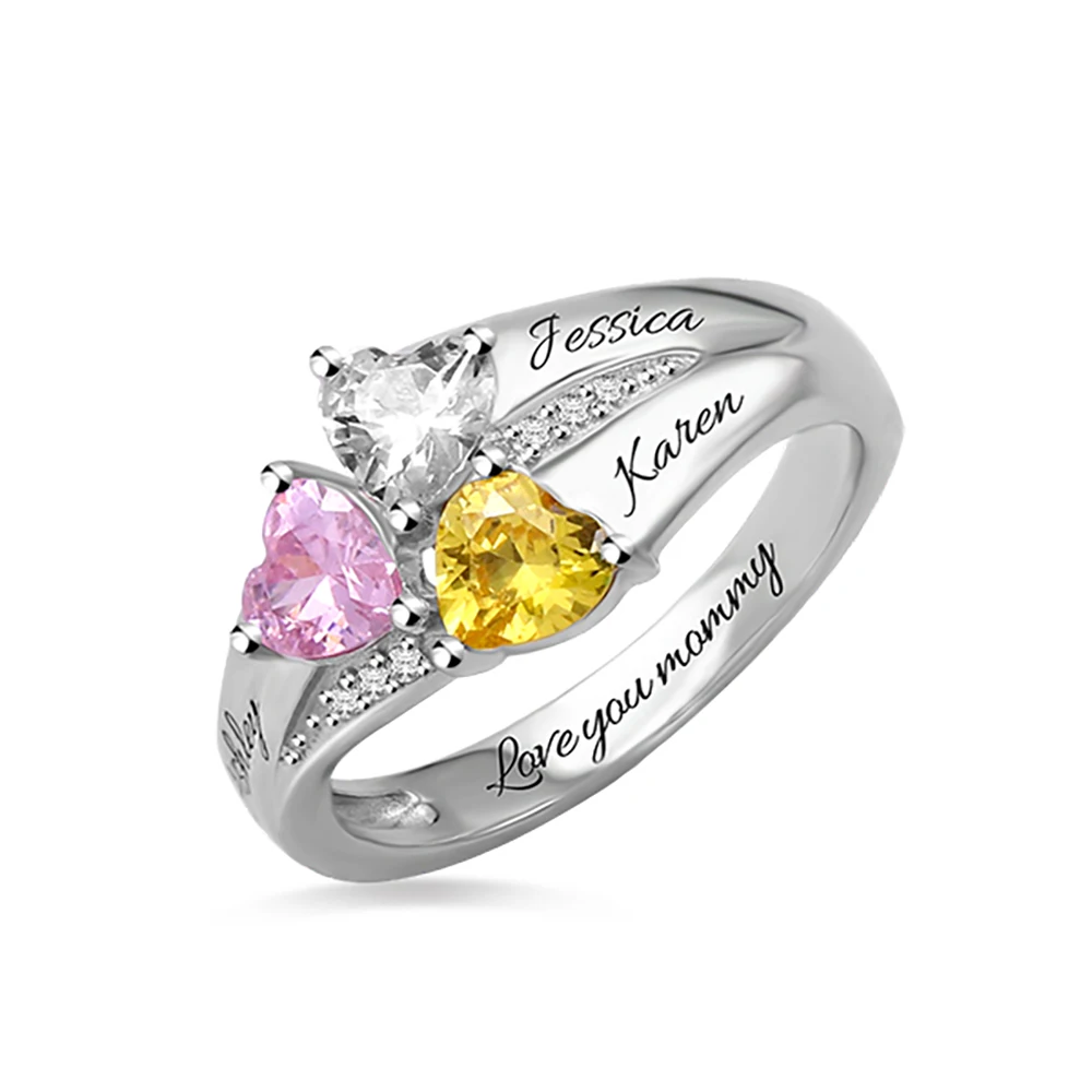 

Sweey Wholesale Manufacture Customized 3 Hearts Birthstone Ring Silver 925 Engraved Names Ring Gifts for Women Valentines Gift