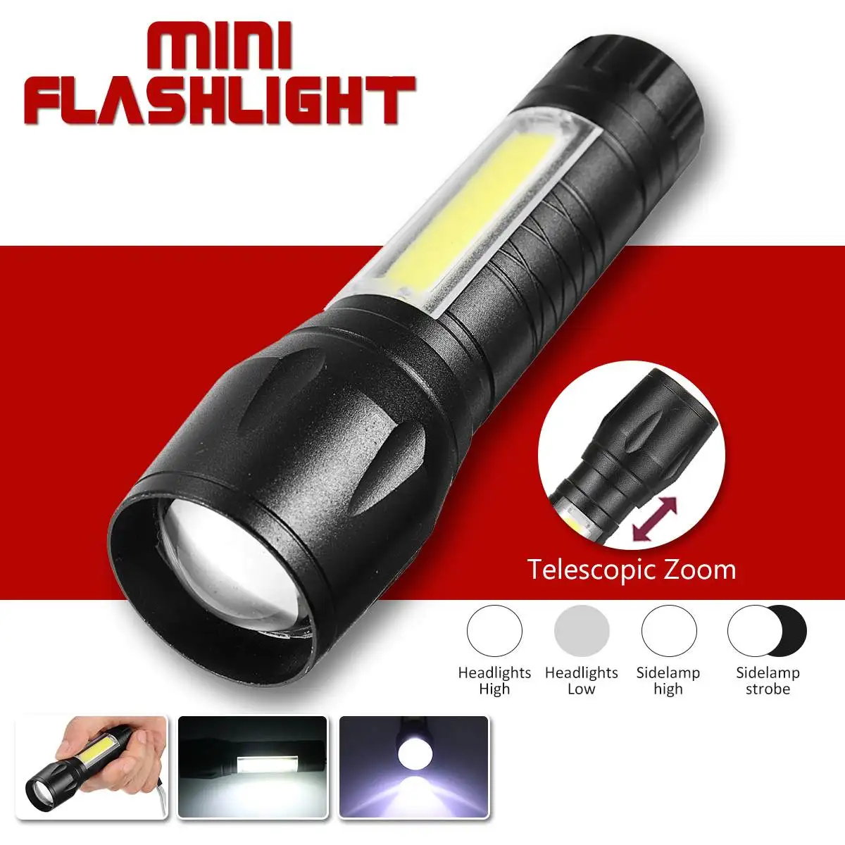 

COB LED Flashlight Powerful Waterproof Handheld Flashlights Torch P ocket Work Light for Emergency Lighting Use 1*AA Battery